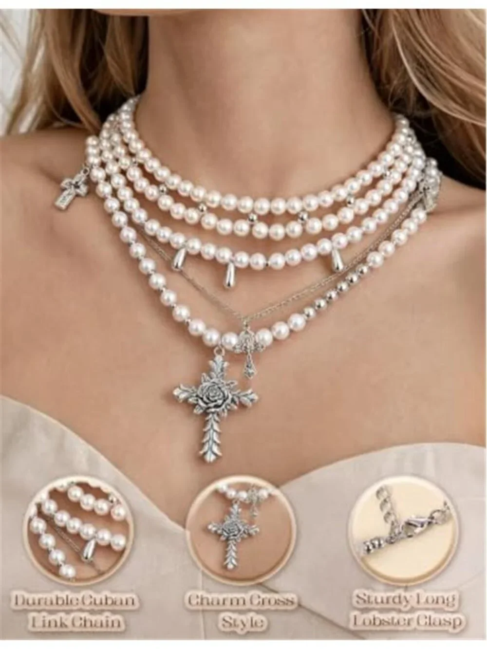 Layered Necklaces for Women Cross Pearl Chunky Stacked Necklace